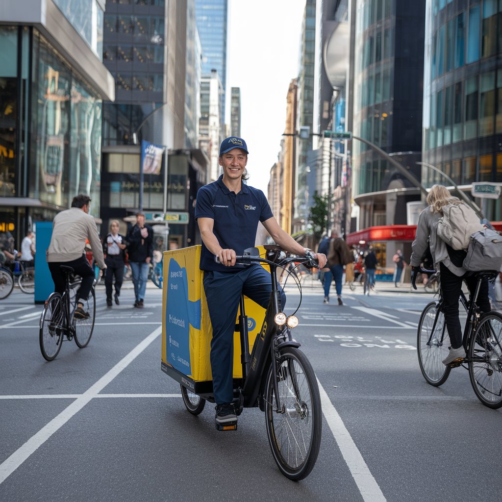 A delivery person riding a cargo bike in a city, holding a package.