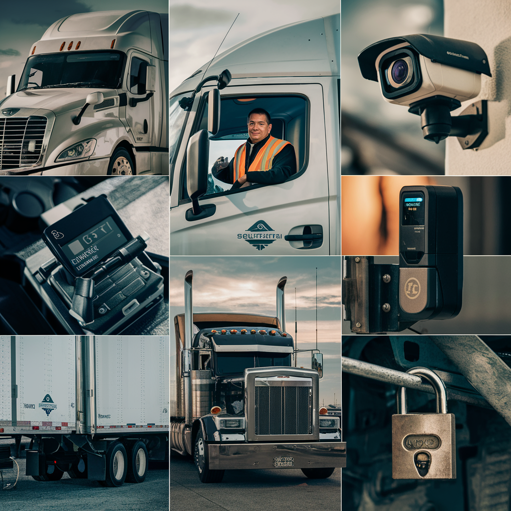 Illustration depicting a truck parked securely with a padlock on its cargo container, symbolizing trucking security essentials. The truck is parked in a well-lit area with security cameras overhead, emphasizing the importance of safeguarding cargo during transportation.