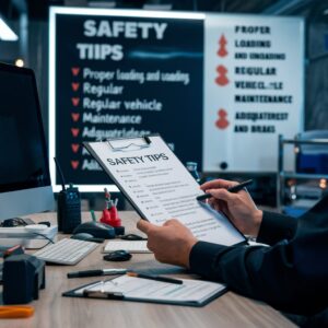 Image of a dispatcher at a computer screen, communicating with truck drivers via radio. A whiteboard in the background lists safety tips, including checking weather conditions, ensuring proper vehicle maintenance, planning routes carefully, and adhering to hours-of-service regulations. The dispatcher is surrounded by maps, schedules, and safety manuals, emphasizing the importance of safety and organization in dispatching.