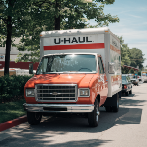  A U-Haul truck with its dimensions labeled in feet and inches, including length, width, and height