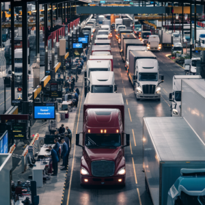 A modern truck loaded with cargo enters a bustling city, representing efficient truckstop shipments and timely deliveries.