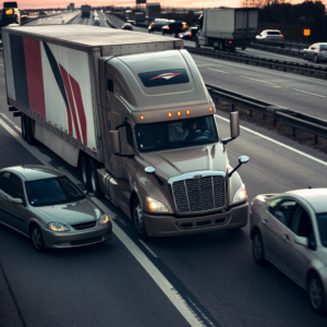 A truck driver wearing a safety vest inspects the tires of a large semi-truck parked at a rest stop. The truck, loaded with cargo, is parked on a wide, well-maintained road with clear lane markings. In the background, safety signage is visible, emphasizing the importance of regular vehicle checks and adherence to road safety regulations. The scene is set on a bright, clear day, highlighting the importance of safety in trucking operations