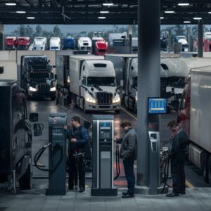 A truck parked at a modern, well-equipped rest area, showcasing efficiency upgrades.