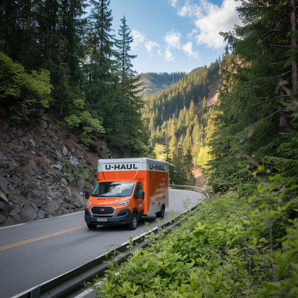 A U-Haul truck driving through a green forest, illustrating the company's commitment to sustainability.