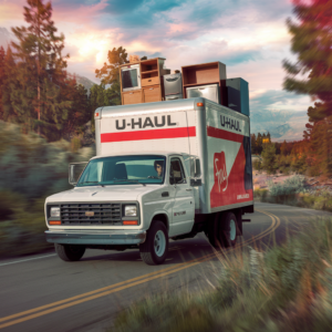 A whimsical illustration of a U-Haul truck transforming into a tree, symbolizing the company's environmental initiatives.