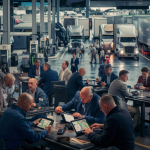 Truckers gather around a diner counter, sharing stories and strategies for managing rest breaks and navigating busy truck stops.