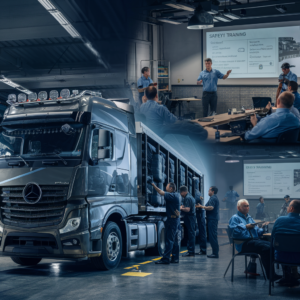 A truck undergoing safety inspections and compliance checks, with safety training sessions for drivers and compliance technology in use. 