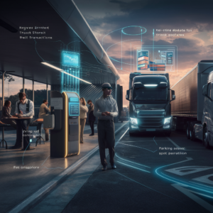 Smart truckstop equipped with advanced communication technologies for efficient service management.