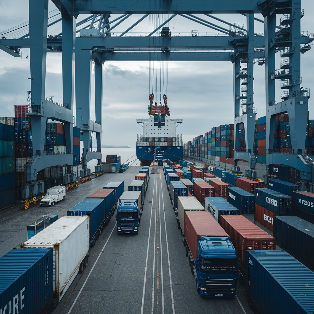 Illustration of a chaotic and disorganized scene at a busy shipping container port, highlighting the challenges of managing carriers and ensuring smooth operations.