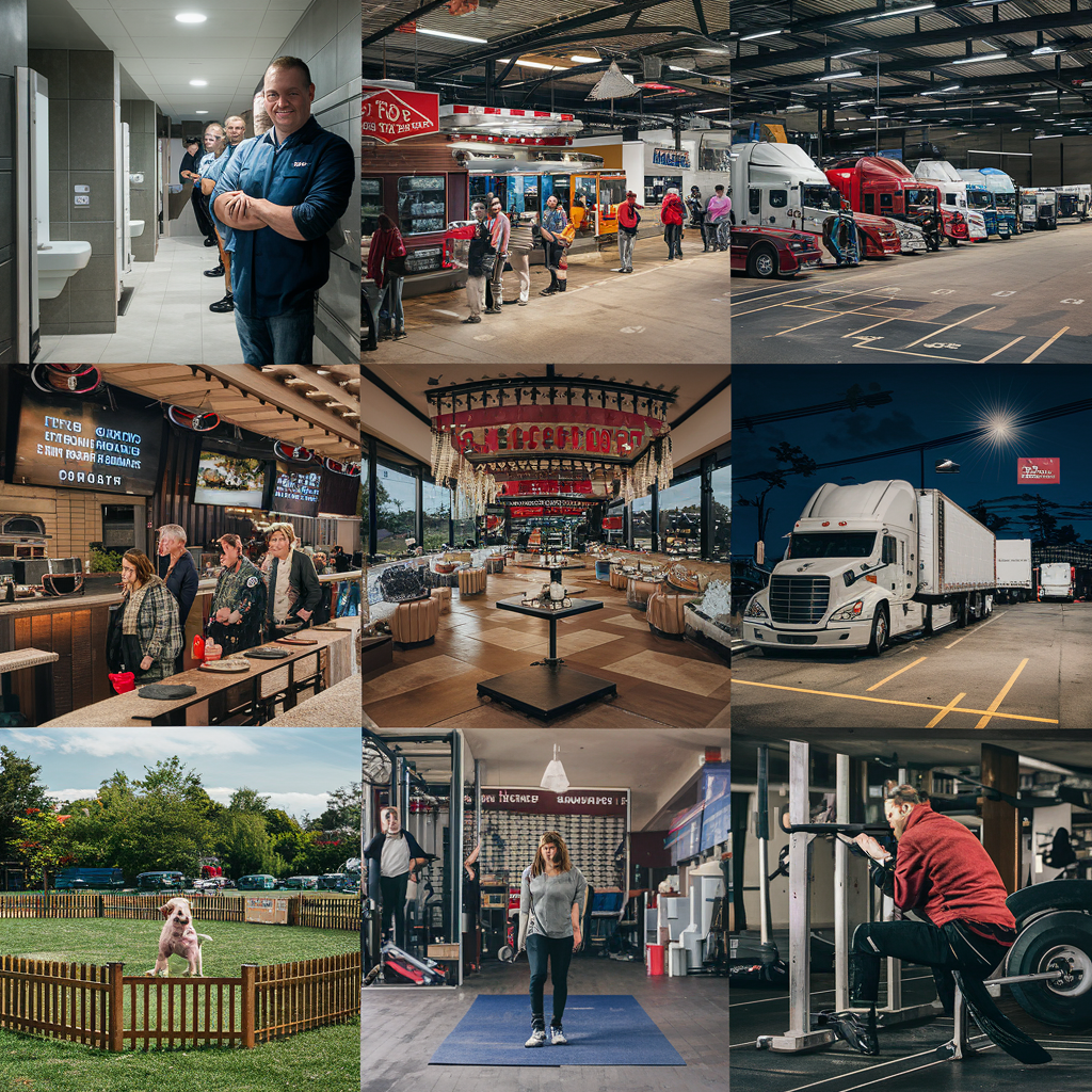 A modern truck stop with spacious parking, fueling stations, and amenities for truckers.