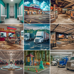 A comprehensive truck stop with amenities for pets, including dog parks, pet-friendly areas, and pet care services.