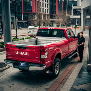 U-Haul rental truck parked curbside, prepared for moving.