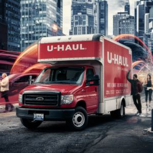 U-Haul vehicle parked outside, symbolizing relocation assistance