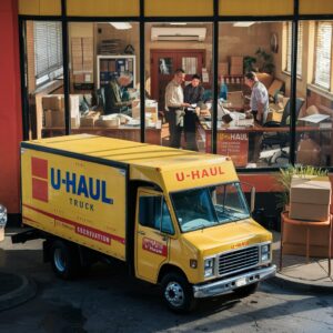 U-Haul vehicle parked outside, symbolizing relocation assistance