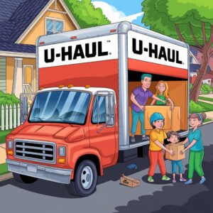 A family unloading boxes and furniture from a U-Haul truck, parked in front of a house.