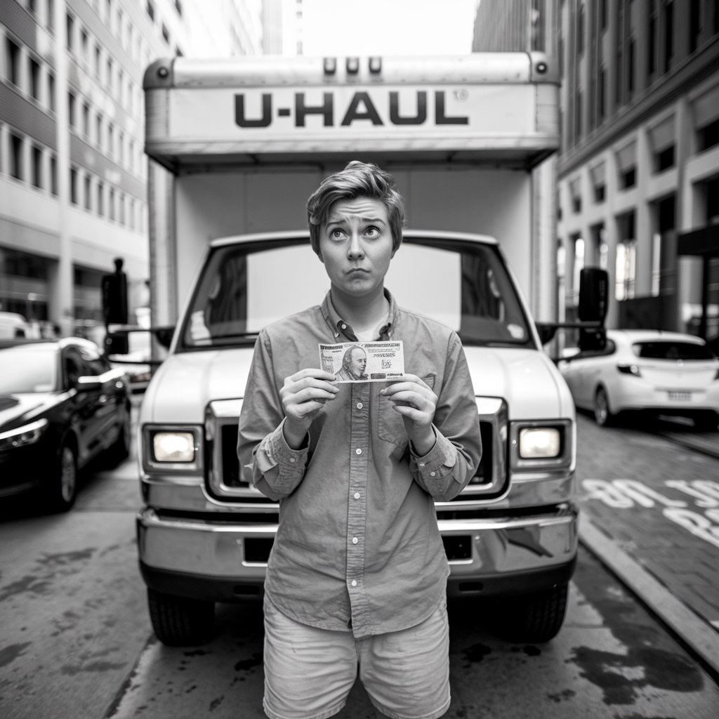 A person standing in front of a U-Haul truck, expressing confusion over the rental bill and potential hidden fees