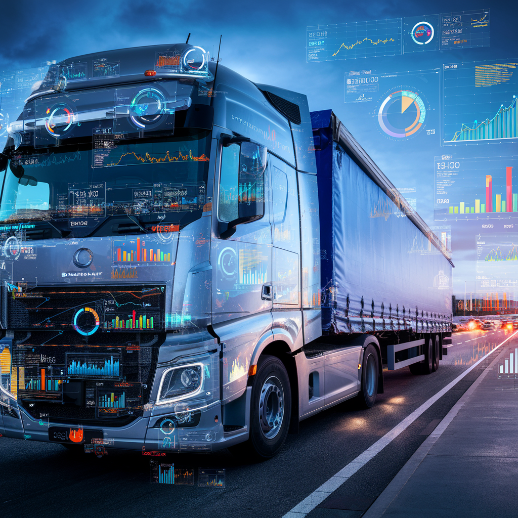 An image showing a truck with digital overlays of data charts and graphs, symbolizing the insights gained from data analytics for optimizing vehicle performance.