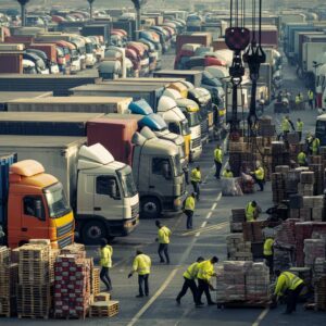 A busy truck terminal with trucks waiting in line and workers loading goods, showcasing the surge in demand and capacity constraints during supply chain disruptions.