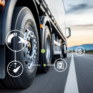 A close-up of a truck tire with icons representing key aspects of "Tire Selection and Alignment" for fuel efficiency. The icons include a gauge for tire pressure, an arrow suggesting alignment adjustments, and a dollar sign indicating cost savings. The road stretches into the horizon, symbolizing long-haul trucking. The combination of symbols and the tire’s detailed view emphasize the importance of tire maintenance in enhancing efficiency and reducing operational costs for trucks.