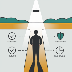  A person standing at a crossroads, facing two paths. One path leads to efficiency and protection, while the other leads to SLOUUR and time-saving. A signpost points towards the path leading to efficiency and protection.