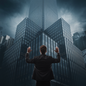  A businessman standing in front of skyscrapers, with a city skyline in the background. The businessman is wearing a suit and tie, and he is looking up at the buildings.