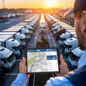 A person, likely a dispatcher or truck driver, holds a tablet displaying a route map and logistics information while overlooking a large truck stop at sunset. Rows of semi-trucks are parked in an organized layout, with white trucks lined up on both sides, creating a symmetrical view. The tablet screen shows mapped routes, estimated times, and other dispatch details, indicating coordination and planning for efficient dispatching. The golden sunset in the background casts a warm light over the scene, symbolizing the end of a busy day in the logistics and trucking industry.