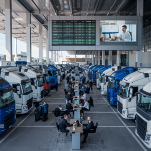 A modern truck terminal with rows of white and blue semi-trucks parked neatly on either side of a central aisle, where drivers and dispatchers sit at tables, working on computers and tablets. Above them, a large digital screen displays real-time information, such as schedules, routes, and fuel prices. Another screen shows a video call with a dispatcher, emphasizing constant communication. The scene conveys an organized, high-tech environment where truck drivers and logistics personnel collaborate seamlessly, highlighting advancements in communication and efficient dispatch operations in the trucking industry.