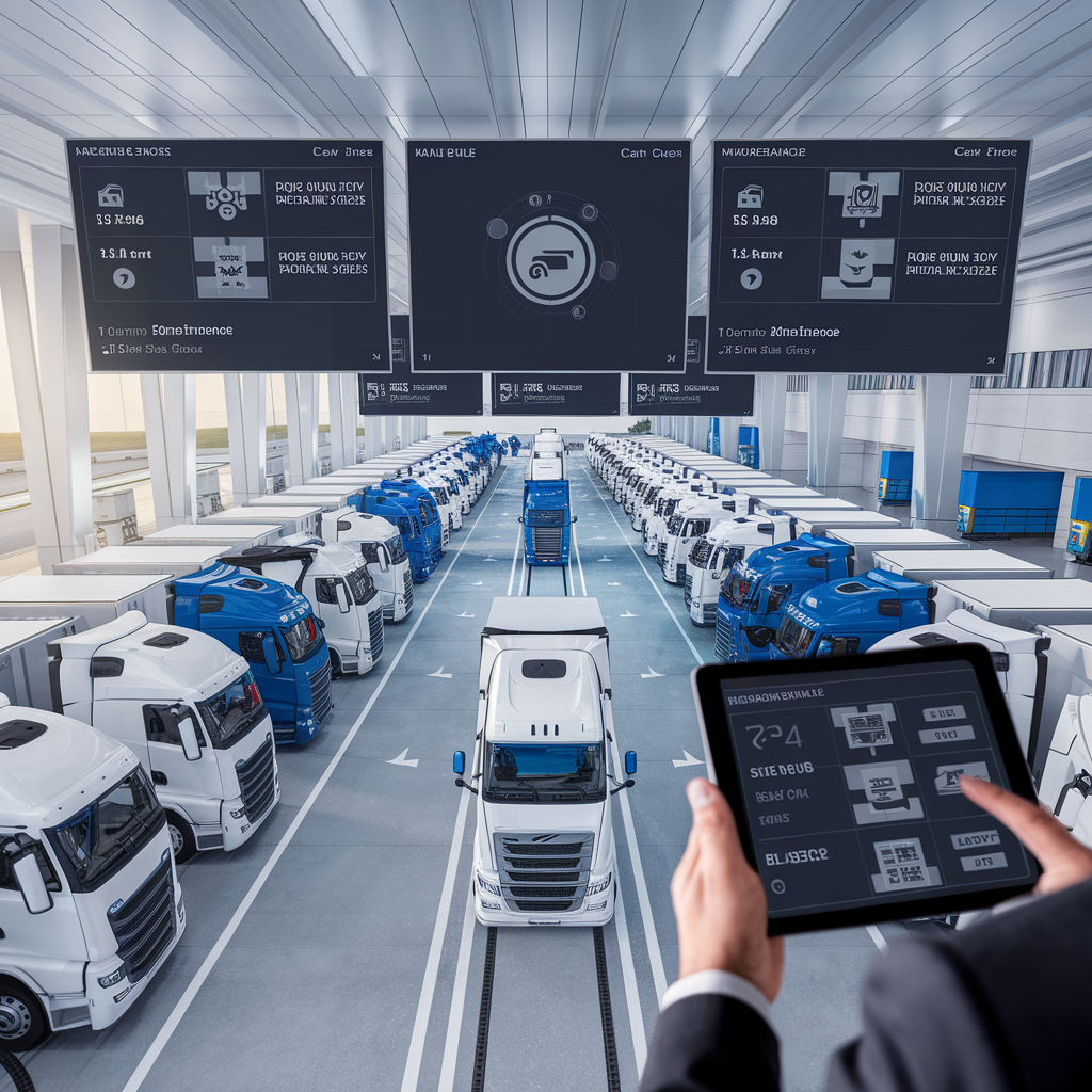 A modern truck stop facility with rows of parked blue and white semi-trucks lined up in organized lanes. Large digital screens hang overhead, displaying real-time data such as fuel levels, maintenance status, and driver information. In the foreground, a dispatcher holds a tablet with similar data displayed, managing and monitoring the truck operations. The environment is clean, structured, and efficient, emphasizing advanced logistics technology and optimized dispatch coordination.