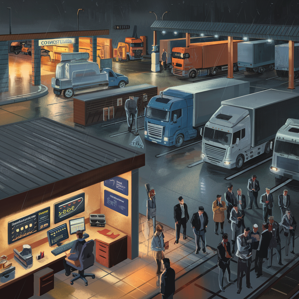 The image depicts a bustling truck stop at night, with numerous semi-trucks parked around a well-lit service area. The atmosphere is rainy, and lights reflect off the wet pavement, adding a sense of depth and realism. In the foreground, a security or control booth is visible with a person monitoring computer screens displaying various data. People are scattered around, conversing in small groups, some dressed in business attire. The setting suggests a blend of activity and organization, with trucks lined up and drivers or workers gathering, likely during a rest or fueling stop.