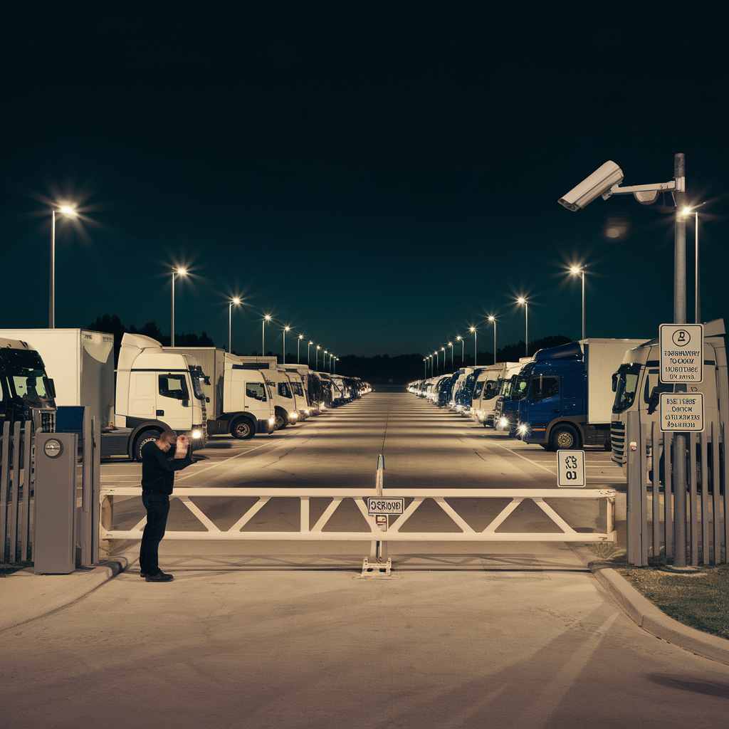 A well-lit truck stop parking area at night, featuring rows of parked trucks on either side. A security barrier stands at the entrance, with a guard in dark clothing inspecting the area under the surveillance of a nearby security camera. Tall, evenly spaced streetlights illuminate the scene, adding a sense of order and safety.