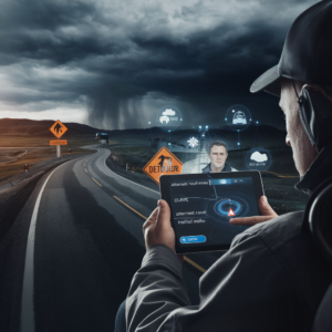 A truck driver holds a tablet displaying navigation and route adjustment options while facing a winding road under a stormy sky. Dark clouds and rain in the distance suggest challenging weather conditions ahead. On the road, an orange detour sign indicates an unexpected route change. The tablet screen shows an alert for alternate routes, with icons above the screen representing traffic updates, weather, roadblocks, and a dispatcher providing remote support. The scene emphasizes adaptability and quick decision-making in the face of unforeseen challenges during a journey.