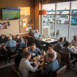 The image shows a lively scene inside a truck stop diner. Multiple groups of people are gathered around tables, sharing meals and engaging in conversation. The patrons include both older and younger adults, with some tables hosting mixed-age groups. A television mounted on the wall shows a sports game, adding to the relaxed, social atmosphere. Outside the large windows, several parked semi-trucks are visible, hinting that this spot is popular among truck drivers. The overall setting feels warm and inviting, with natural light streaming in, capturing a cozy, communal environment.