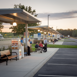 A peaceful truck stop area at dusk with covered seating areas where several people are gathered, chatting and relaxing on benches. The stop is clean and well-lit, with hanging lights under each shelter and a few vending machines nearby. Trucks are parked in the background, and a calm road stretches alongside the stop. The setting conveys a sense of community and restfulness for travelers.