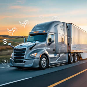 A sleek, silver semi-truck is driving along a smooth highway at sunset, symbolizing fuel efficiency in trucking. Overlay icons depict key fuel-saving strategies: aerodynamic wind symbols around the cab, dollar signs representing cost savings, and road map icons suggesting route planning. The truck is equipped with aerodynamic fairings and streamlined design elements, highlighting its optimized performance. The background shows rolling hills and an open road, emphasizing long-haul travel and the impact of these efficiency strategies.

