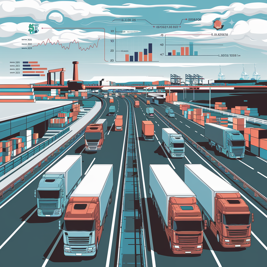 This illustration shows a busy highway with multiple trucks moving in both directions. To the left and right, there are warehouses, shipping containers, and industrial buildings, suggesting a distribution hub or logistics center. Above the scene, various economic indicators like bar charts, line graphs, and currency symbols are embedded in the clouds, symbolizing the economic forces that influence trucking and logistics. The color palette is muted, with shades of blue, red, and gray, giving the image a structured, almost infographic-like feel that highlights the interconnectedness of trucking, economy, and supply chain logistics.