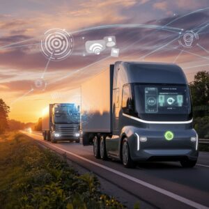 A futuristic highway scene at sunset featuring two high-tech trucks driving side by side. The trucks have sleek, modern designs, and the front truck displays a digital dashboard on its windshield, showing various icons and data, such as GPS and analytics. Holographic symbols, including wireless signals, data graphs, and connectivity icons, float above the trucks, connected by glowing lines, representing digital connectivity and automation. The road is bordered by greenery, with a warm, golden sky in the background, blending technology with an eco-conscious landscape.