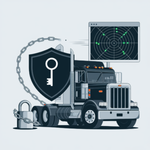 A black semi-truck with a padlock, a shield with a key, and a computer screen showing a map with green dots.