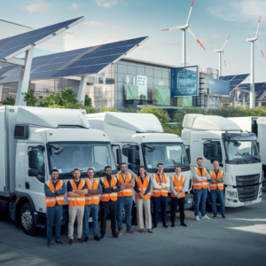 A group of diverse truck drivers, all wearing orange safety vests, stand side by side in front of a row of modern, eco-friendly trucks. They are smiling and look confident, suggesting a collaborative and positive workforce. In the background, a logistics center with large solar panels and wind turbines emphasizes a commitment to renewable energy and sustainability. The clear blue sky and greenery around the facility create a sense of environmental harmony and forward-thinking infrastructure.