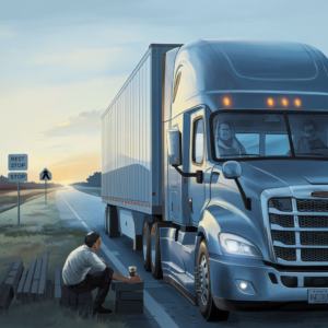 A semi-truck is parked at a rest stop along an empty highway, just as the sun is either rising or setting, casting a soft glow over the landscape. The truck is sleek, modern, and shiny, with its headlights on. In the foreground, a male truck driver sits on a bench, taking a break. He’s holding a cup of coffee, looking thoughtfully at his truck, which conveys the idea of taking a moment to rest and recharge. Nearby, a sign reads "Rest Stop," emphasizing the importance of breaks for drivers. The scene is calm, with vast open sky and the quietness of the road in the background, capturing the solitude and demanding nature of long-haul trucking.