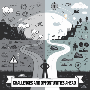 An illustration depicting the concept of "Challenges and Opportunities Ahead" through a split landscape. On the left side, a dark, rugged path is filled with obstacles, storm clouds, warning signs, and gears symbolizing difficulties. The right side shows a brighter, smoother path lined with trees, flags, and lightbulb icons, representing growth and opportunity. In the foreground, a figure stands at the fork, facing both paths, symbolizing choice. The scene is divided into dark and light halves, with the text "CHALLENGES AND OPPORTUNITIES AHEAD" displayed below, conveying a balance of struggle and potential.