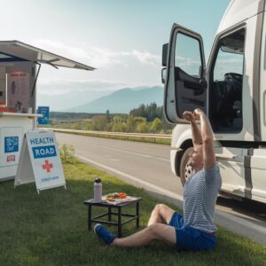 A truck driver is sitting on a grassy area by the roadside, stretching with arms raised above his head, emphasizing a moment of relaxation and wellness. Next to him, a small table holds a water bottle and a plate of healthy food, suggesting a nutritious meal break. A white truck with its door open is parked nearby, indicating a travel pause. In the background, a mobile health station with signs reading "Health Road" and "First Aid" is set up, emphasizing roadside health and safety. The scene is set against a backdrop of a scenic landscape with mountains and greenery under a bright sky.