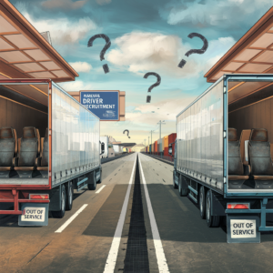 This illustration portrays two empty trucks parked side by side on an empty road. The interiors of the trucks have vacant seats instead of cargo, symbolizing a shortage of drivers. Both trucks display "Out of Service" signs on their rear bumpers. Above, large question marks hover in the sky, emphasizing the uncertainty and challenge of driver shortages. In the background, there’s a "Driver Recruitment" sign, highlighting efforts to address the shortage. The setting includes an industrial area with warehouses and containers, suggesting a logistics hub affected by the lack of drivers. The color palette is realistic, with soft blues and earth tones.