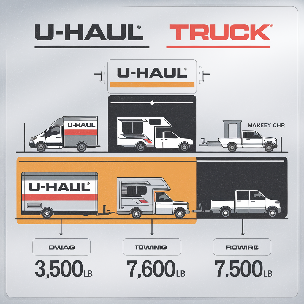 This image shows three U-Haul trucks with their towing capacities. From left to right, we have: A U-Haul cargo van with a towing capacity of 3,500 pounds. A U-Haul truck with a towing capacity of 7,600 pounds, towing a camper. A U-Haul truck with a towing capacity of 7,500 pounds, towing a car.