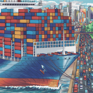 Illustration of a busy shipping container port with overflowing containers, highlighting carrier capacity constraints and the need for efficient transportation solutions.