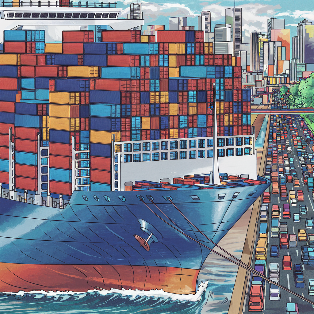 Illustration of a busy shipping container port with overflowing containers, highlighting carrier capacity constraints and the need for efficient transportation solutions.