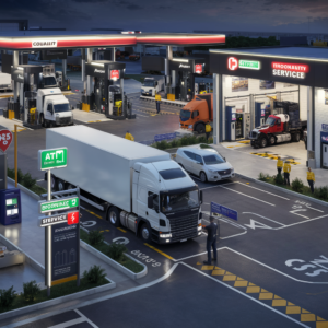 Visuals depicting various aspects of modern truck stops designed to support truck drivers and enhance their experience. The image includes: Efficient fuel stations with multiple pumps, high-quality fuel branding, and signage. Trucks are shown refueling efficiently with a clear and easy-to-navigate layout. Truck service centers with professional mechanics working on trucks, providing a range of services from basic maintenance to complex repairs. The availability of parts and tools is highlighted, ensuring trucks are road-ready. Accessible ATM machines at truck stops, ensuring cash convenience for drivers. Truck drivers are depicted using ATMs, emphasizing easy access and security. Online booking systems for parking reservations, with truck drivers using mobile apps or websites to secure parking spots. Organized parking areas with clear signage indicating reserved spaces are shown. Safety and security measures for cargo protection, including surveillance cameras, well-lit areas, and security personnel. Secure cargo areas with locks and monitoring systems ensuring the protection of goods are illustrated. The images convey a modern, driver-friendly environment with comprehensive support facilities that enhance efficiency, safety, and convenience for truck drivers.