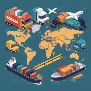 An image depicting various factors influencing freight shipping rates, including: - Distance traveled - Type of goods - Weight and dimensions - Delivery speed - Mode of transportation (truck, train, ship, plane) Including visual elements like trucks, planes, shipping containers, and a map highlighting different routes.