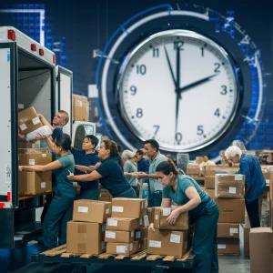 Illustration of same-day delivery services, featuring a delivery van, a clock indicating quick delivery, a package with 'Same-Day Delivery' label, and icons representing speed and reliability.