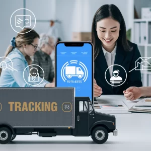 Professional illustration highlighting the importance of reliable tracking and customer service in shipping. Features include a delivery truck with a tracking number, a mobile app displaying real-time tracking updates, a customer service representative assisting a customer, and icons symbolizing communication, reliability, and customer satisfaction.