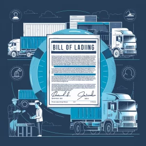 Illustration showing the importance of the Bill of Lading (BOL) in shipping, featuring a document titled 'Bill of Lading' with icons of a truck, cargo, and a shipping container. The image emphasizes the BOL's role in detailing shipment information, terms, and responsibilities.